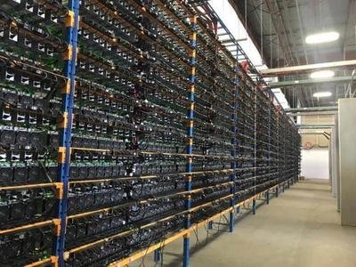 Vast cryptocurrency mining farm with rows of efficient mining machines