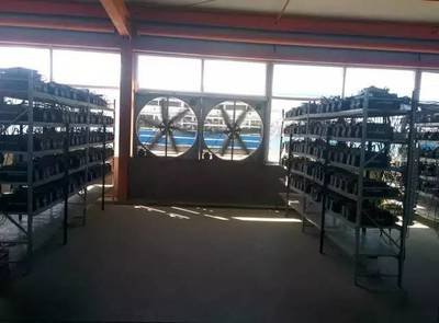 An overview of a large-scale mining farm with rows of mining rigs.